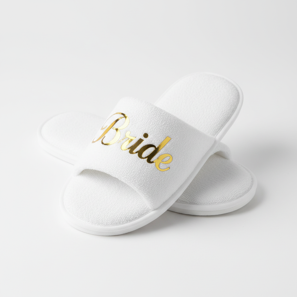 Crossed bridal slippers with gold vinyl text