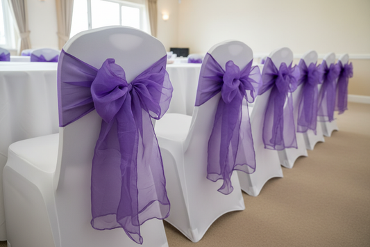 Chair Covers with Purple Bows - Back View