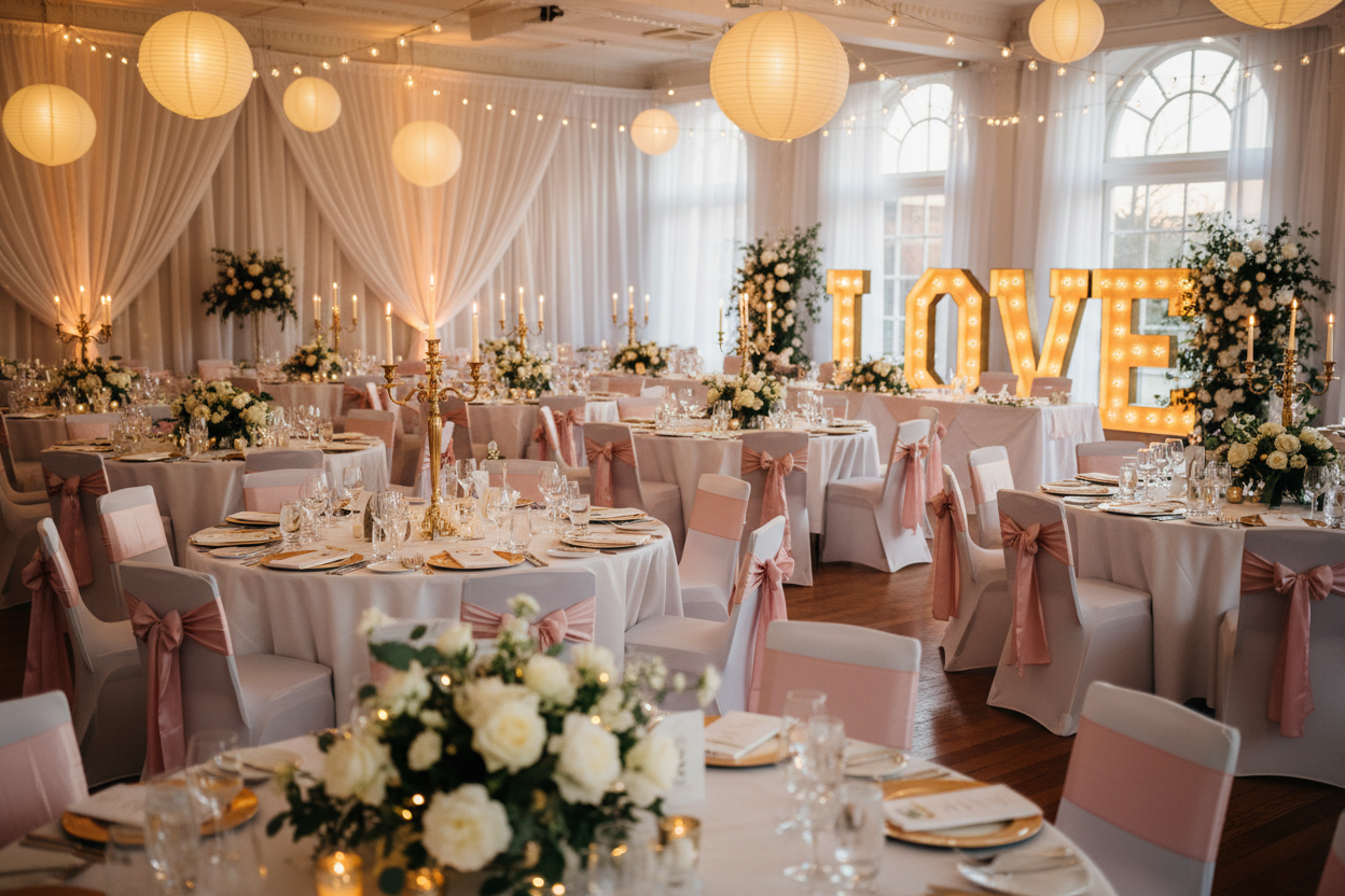 Elegant wedding reception with LOVE sign