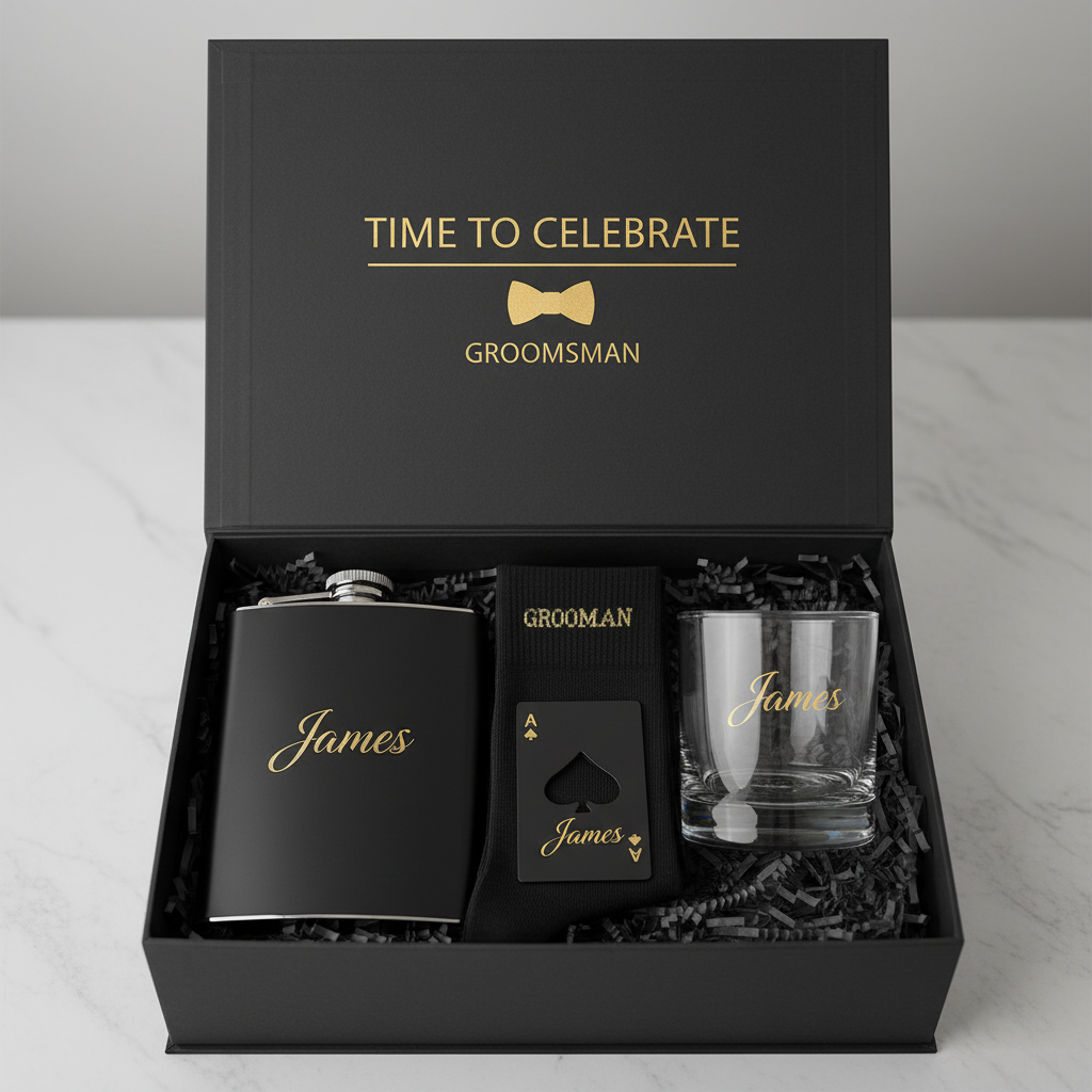Personalised Groomsmen Gift Set with black box, hip flask, socks, ace of spades bottle opener and engraved glass