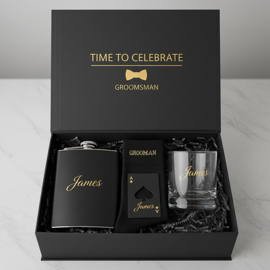 Personalised Groomsmen Gift Set with black box, hip flask, socks, ace of spades bottle opener and engraved glass