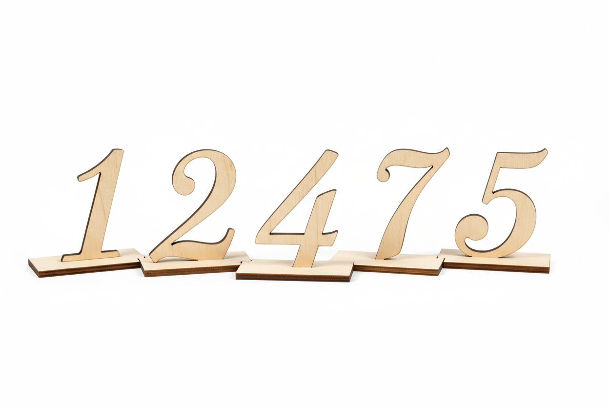 Wooden laser cut table numbers in script font