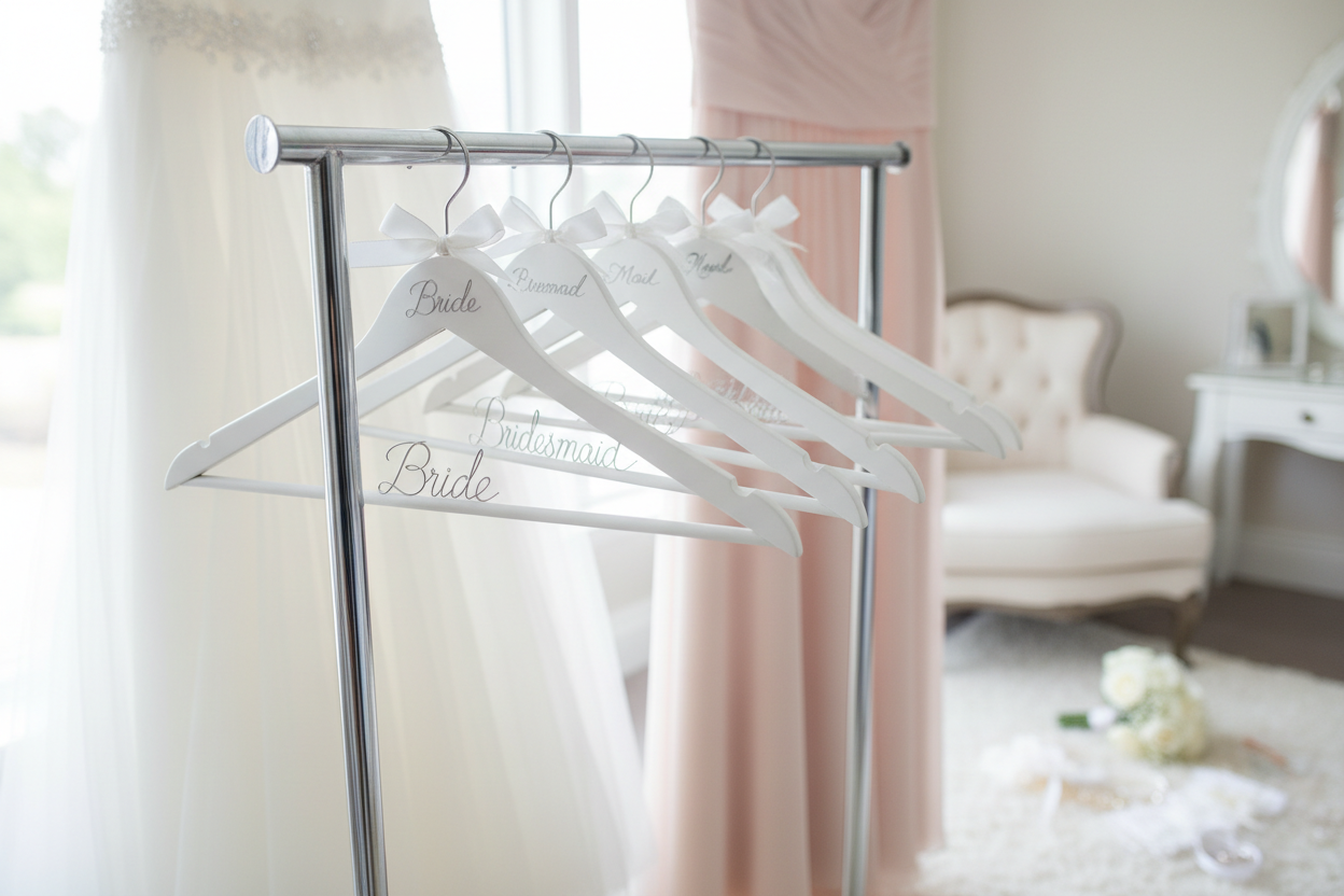 Personalised white wedding hangers