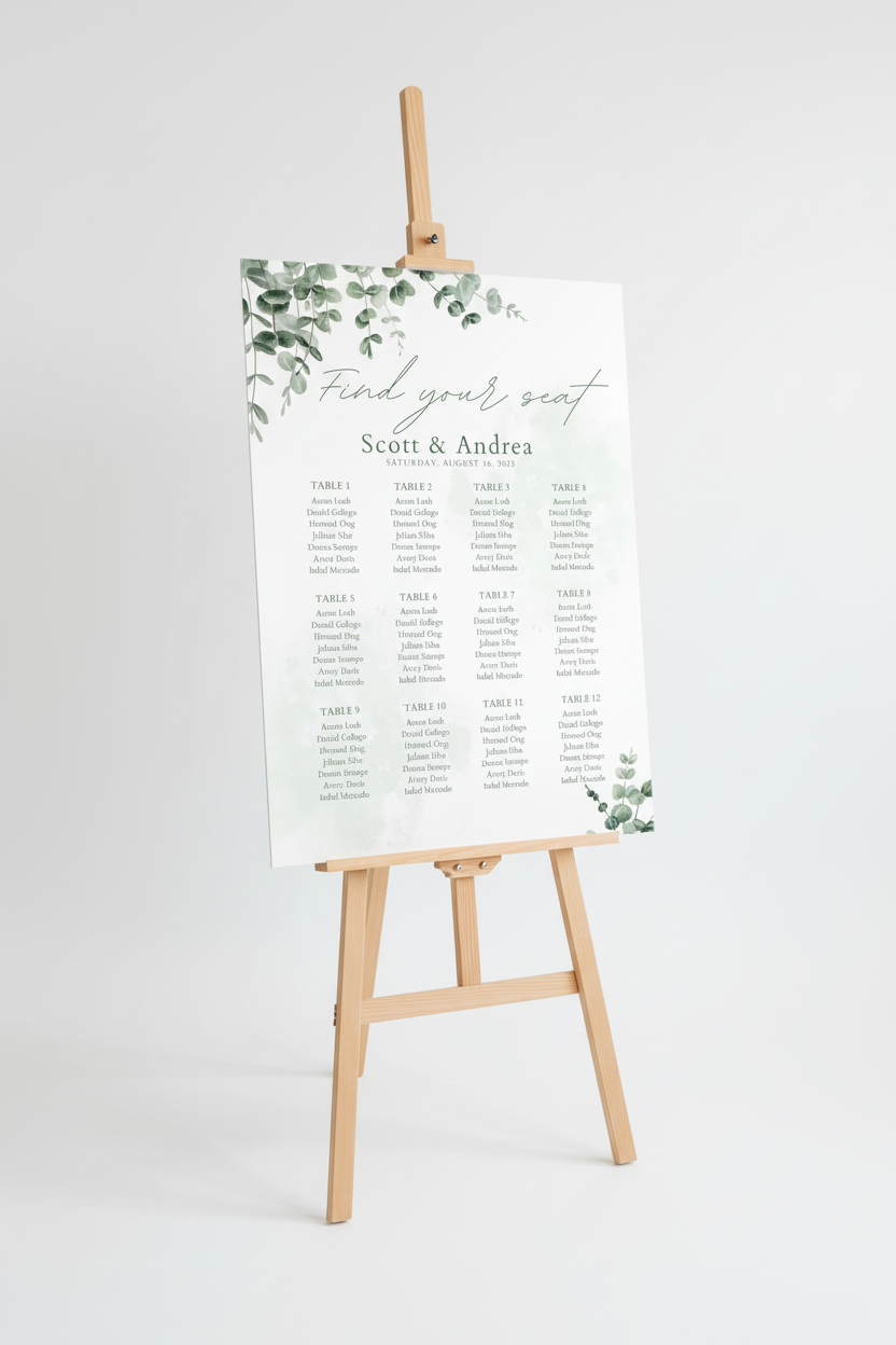 Wedding seating plan with eucalyptus on easel