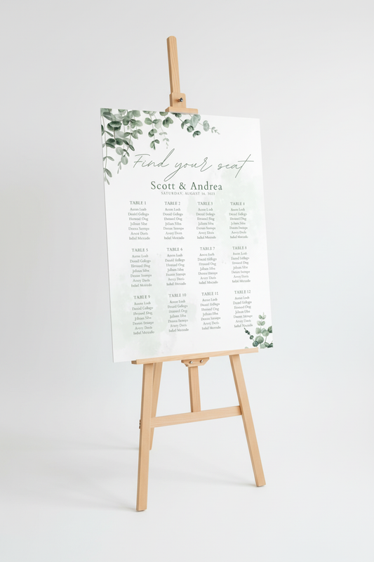 Wedding seating plan with eucalyptus on easel